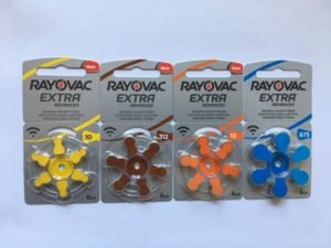 Bilder på Rayovacs hörapparatsbtatterier 10 gul, 312 brun, 13 orange och 675 blå